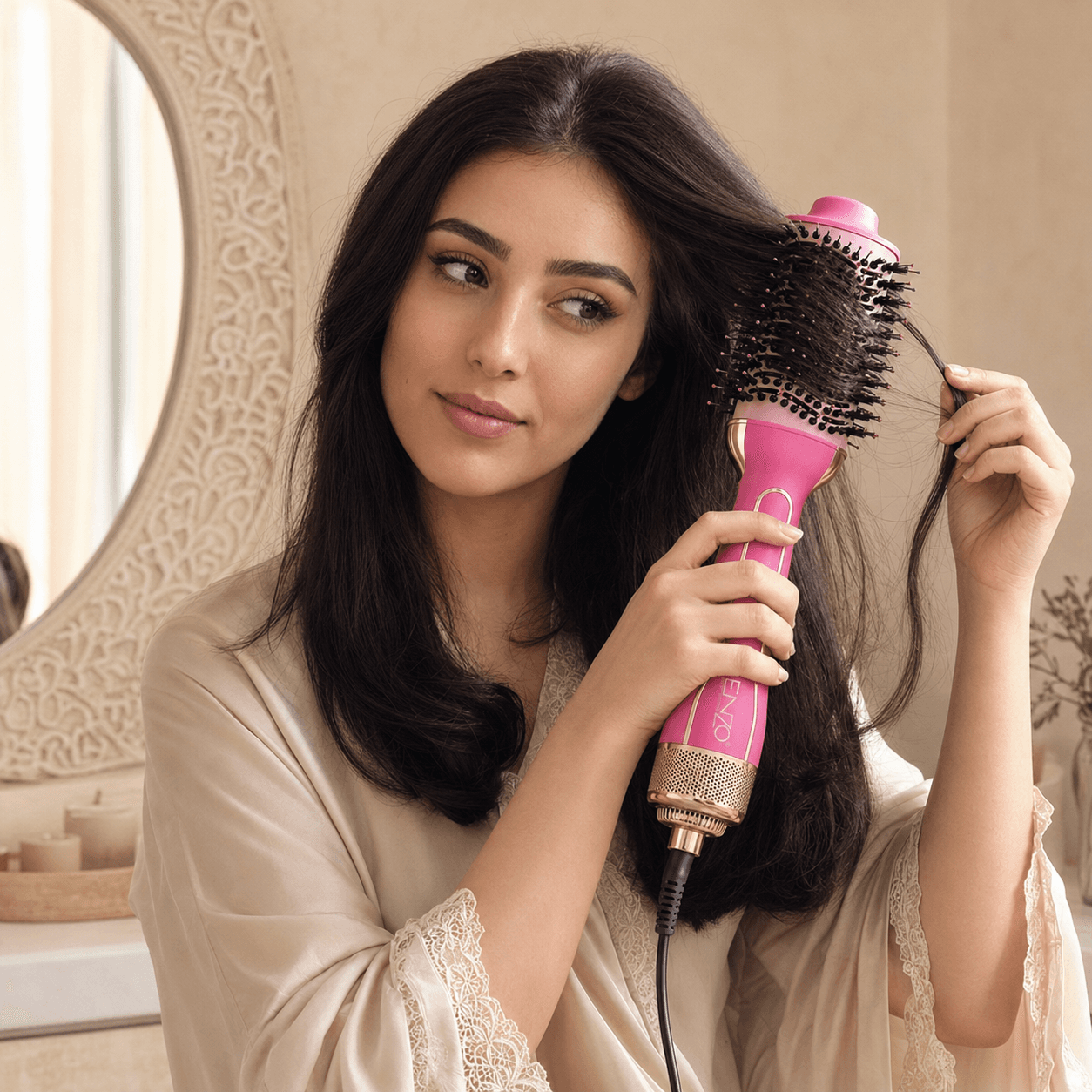 سيدة كتستعمل فرشاة ENZO لتصفيف الشعر