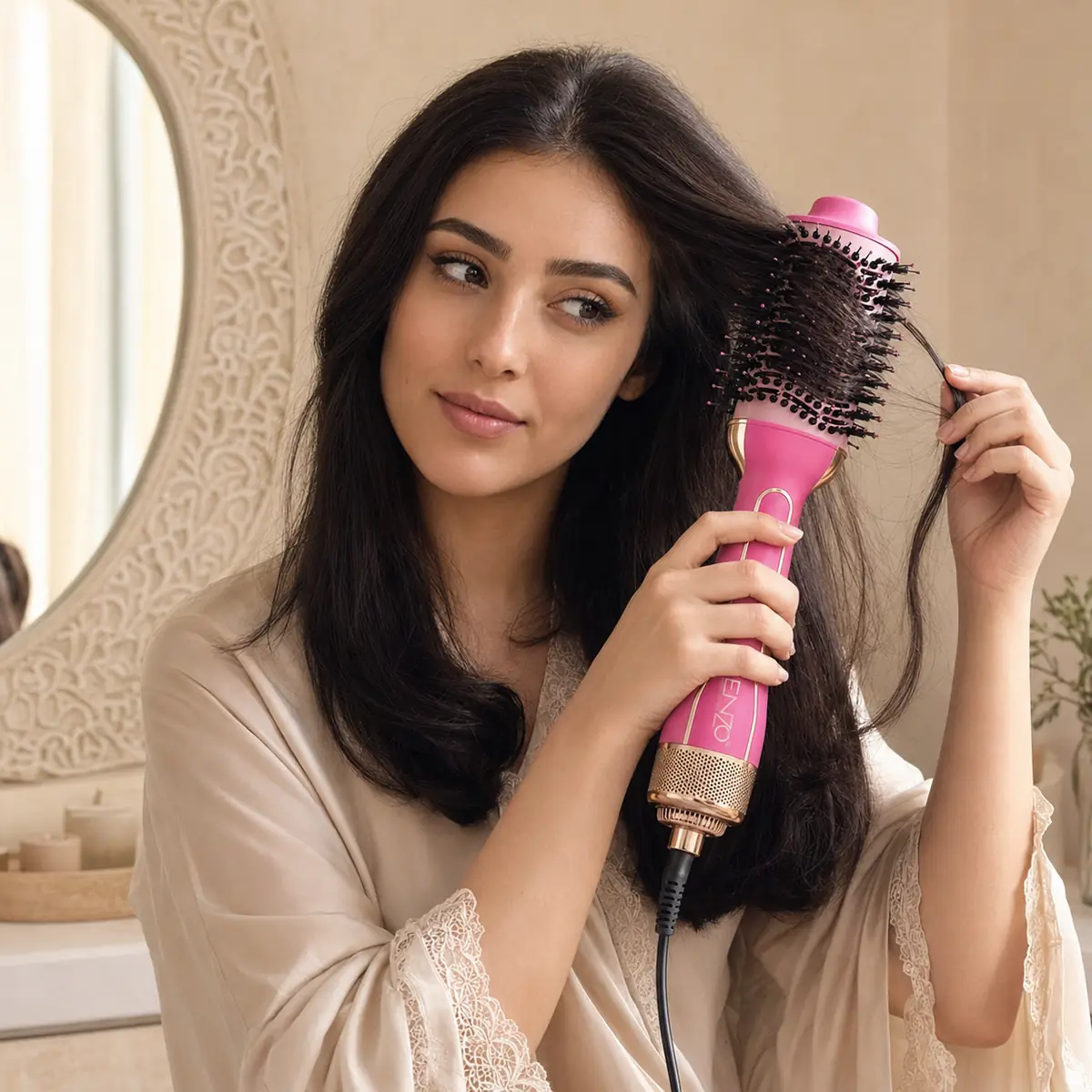 سيدة كتستعمل فرشاة ENZO لتصفيف الشعر
